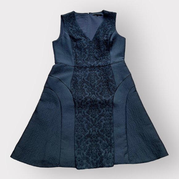 Tibi Size 8 Black Virgin Wool Worth Embroidered V-Neck Fit & Flare Mini Dress - Picture 3 of 13